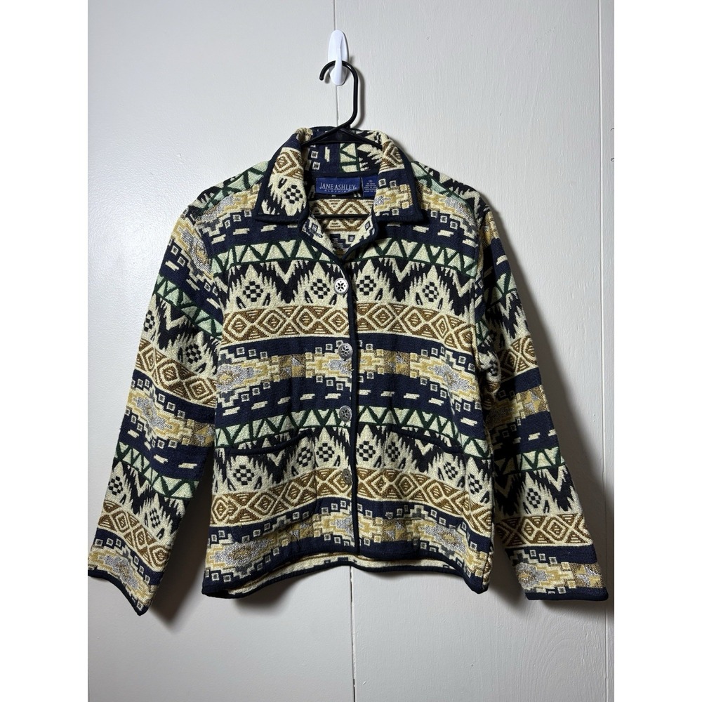 Jane Ashley Tapestry Jacket Medium Tribal Southwestern Button Cabin Aztec Ranch